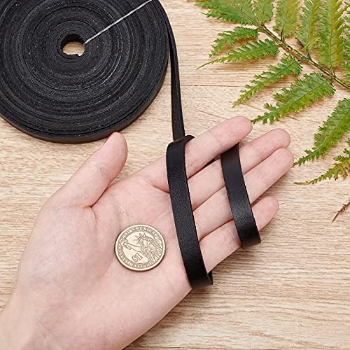 GORGECRAFT 197 Inch 10mm Black Flat Genuine Leather Cord Leather String Full Grain Cord Lace Cowhide Leather Strips for Jewelry Making DIY Craft Projects Belts Keychains