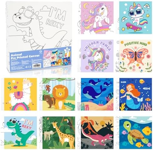 CONDA 12 Pcs Pre Drawn Canvas to Paint 6x6 Inch, Animal Pre Printed Canvas for Painting for Beginners Students, DIY Paint Art Supplies, Painting Canvas Panels and Sip Kit
