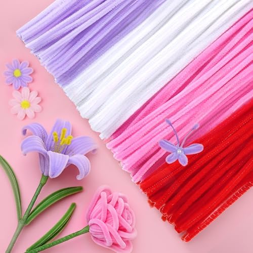 Caydo 200 Pieces Pink Pipe Cleaners 6 mm x 12 inch, Creative Crafts Decorations in 4 Colors for Mother's Day Decorations (Red, Pink, White, Purple)