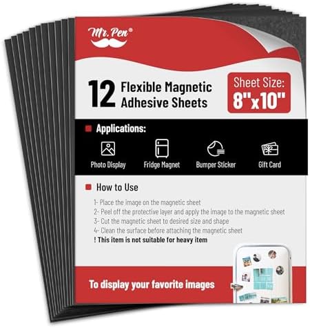Mr. Pen- Adhesive Magnetic Sheets, 8" x 10", 12 Pack, Cuttable Magnets Flexible Magnet Sheets with Adhesive for Crafts Photos, Classroom Decorations, Easy Peel and Stickers for Planning