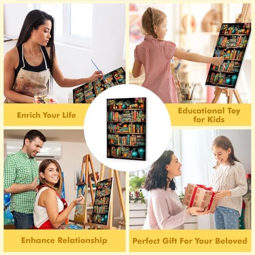Bowetile Framed Paint by Numbers Bookshelf for Adults Beginners, Adults' Paint-by-Number Kits, Easy Adult Paint by Number Kits on Canvas, Acrylic Bookshelf Number Painting for Home Decor, 8x12in