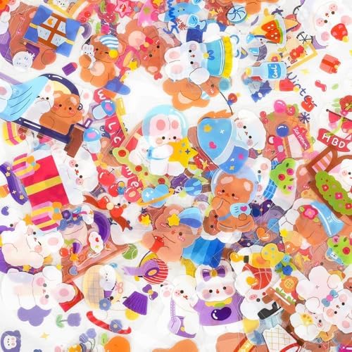 100 PCS Cute Cartoon Animal Stickers,Kawaii Transparent PET Sticker Sheets for Scrapbooking Bullet Journaling,Diary,DIY Arts Crafts,Album,Planners,Junk Journal
