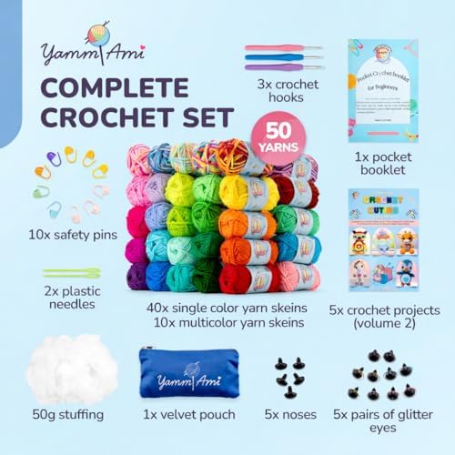 YammiAmi 1,800 Yards Beginner Crochet Kit for Adults – 84 Pc Amigurumi Crochet Kit for Starters with 50 Skeins Yarn, Accessories Set, Ergonomic Hooks, Instruction Book to Learn Crocheting