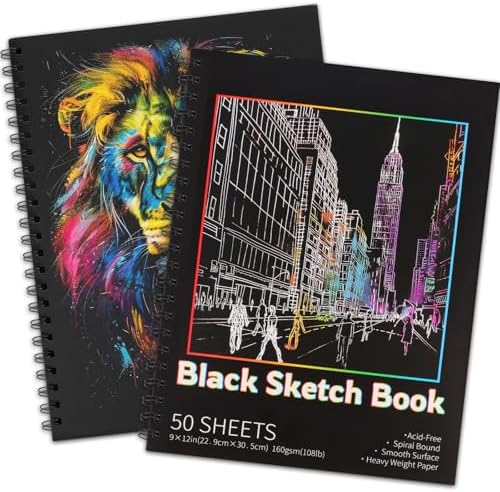 2 Pack Black Paper Sketchbook, 9 × 12 in, 100 Sheets, 160gsm Spiral Bound