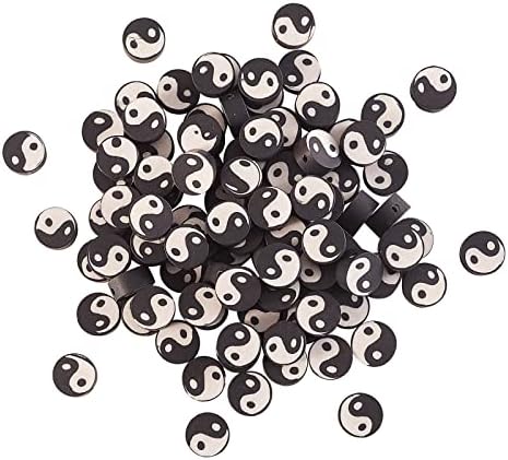 Airssory 100 Pcs Black and White Manmade Polymer Clay Soft Beads Flat Round with Taiji Ying Yang Sign Loose Bead Spacer for Lucky Jewelry Making