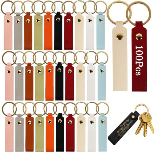 100 Pcs PU Leather Keychain Blanks, 10 Colors Blank Leather Keychains for Engravingwith Key Rings for DIY Craft, Stamping and Leather Working Projects