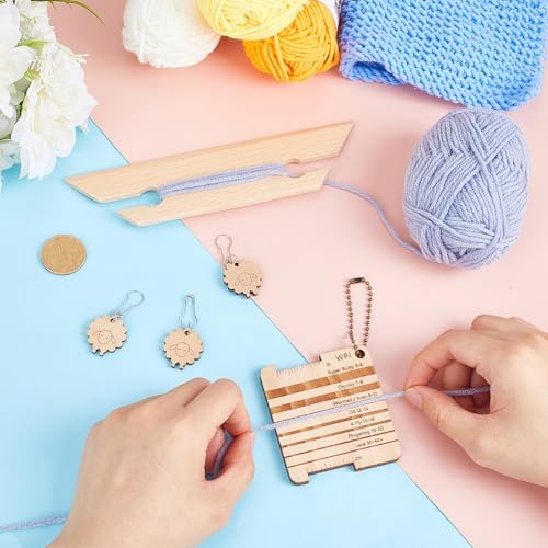 HOBBIESAY 1 Set Wood Knitting Gauge Rulers Wooden Knitting Tool Set with Yarn Ball Chain 3 Sheep Stitch Markers and Shuttle Knit Accessories for Beginners Experts DIY Sewing Crafts