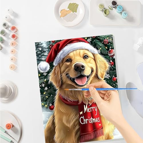 SENQAO Christmas Paint by Numbers for Adults Framed, Golden Retriever Adults' Paint-by-Number Kits, Adult Paint by Number Kits on Canvas, Acrylic Number Painting for Home Decor, 8x12in