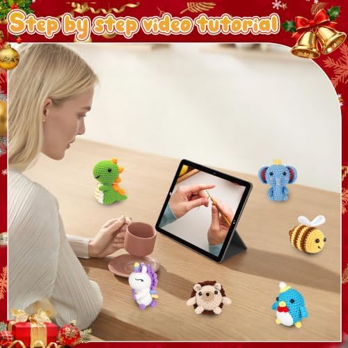 hisucbetter 6Pcs Beginner Crochet Starter Kit, Creative Birthday Gifts for Adults & Kids, Popular DIY Patterns, 40% Extra Yarn Crochet Animals Kits with Step-by-Step Video Tutorials