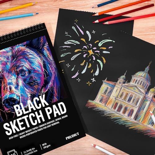 Black Paper Sketchbook 8.3 × 11.7 in, 30 Sheets, 160gsm, Spiral Bound | Acid-Free 98Lb Paper, Top Spiral, Tear-Off Pages, for Colored Pencil, Chalk & Metallic Markers
