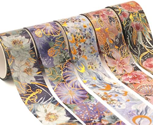 YUBBAEX Blooming Washi Tape Set Gold Foil Masking Tape Peony Wide Decorative for Arts, DIY Crafts, Journal Supplies, Planners, Scrapbook, Card/Gift Wrapping -25mm- (Purple Flowers)