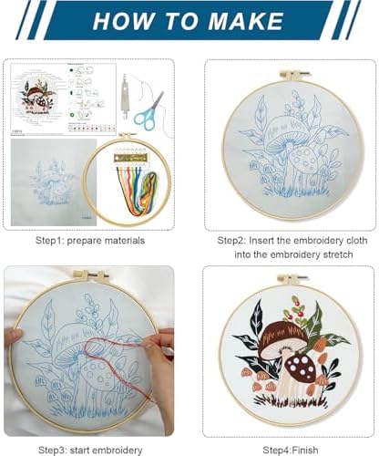 Zhenqing Mushroom Embroidery Kit for Beginners, Woodland Botanical Needlework Kit with Pre-Printed Fabric, Hoop, Threads & Tools, Cottagecore Wall Decor (S-CX0910)