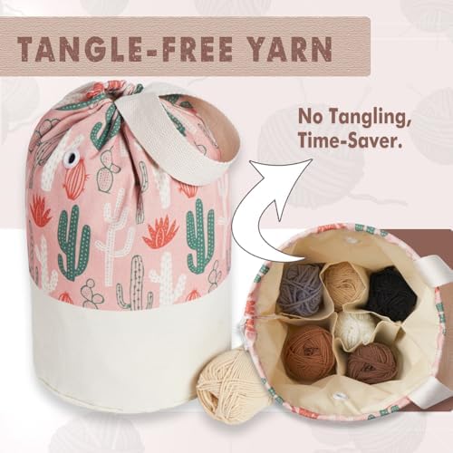 TOGETRUE Yarn Bag, Knitting Crochet Bag, Portable Yarn Storage Bags Organizer for Crocheting Project, Store Skein Ball, Short Knitting Needle (Medium, Cactus)