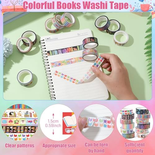 12 Rolls Colorful Books Tearable Adhesive Clear Pattern Washi Tape