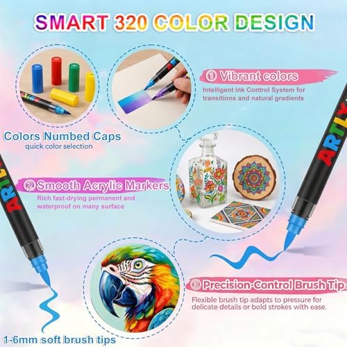 320 Colors Soft Brush Tip Acrylic Markers Set, Paint Pens for Rock, Wood, Fabric, Canvas, Glass, DIY Crafts, Waterproof Paint Markers, Vibrant Acrylic Pens for Artists and Art Projects