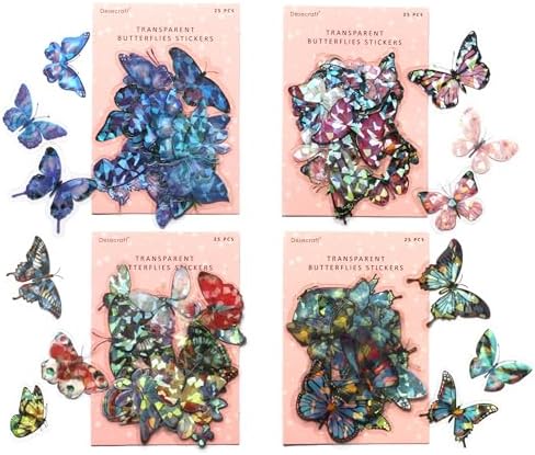 100 Pcs Holographic Butterfly Stickers, 4-Color Iridescent Transparent Vinyl Stickers for Water Bottles, Scrapbooking Supplies Journaling Laptop Decals, Waterproof Cute Bulk Pack for Adults
