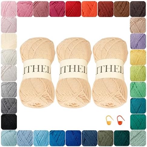 Cotton Chainette Yarn,4 Medium (Worsted)-10oz,3 Pack,Knitting Yarn for Beginners,Thicker for Crocheting and Knitting (17 Milk Coffee)