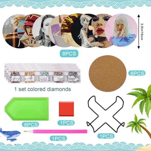 8 PCS Singer Diamond Art Coasters Kits, Pop Star Diamond Painting Coasters with Holder Set of 8, DIY Drink Coasters Art Crafts Supplies for Adults Cup Mat for Home Decor House Warming Gifts Non-Slip