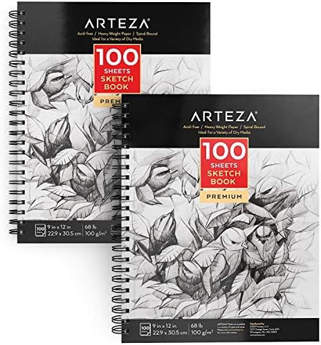 ARTEZA Sketch Book 2 Pack, 9x12 Inches, 200 Sheets of 68 lb Heavyweight Paper, Spiral Bound Drawing Pad with Perforated True-to-Size Pages for Sketching, Drawing, and Illustration