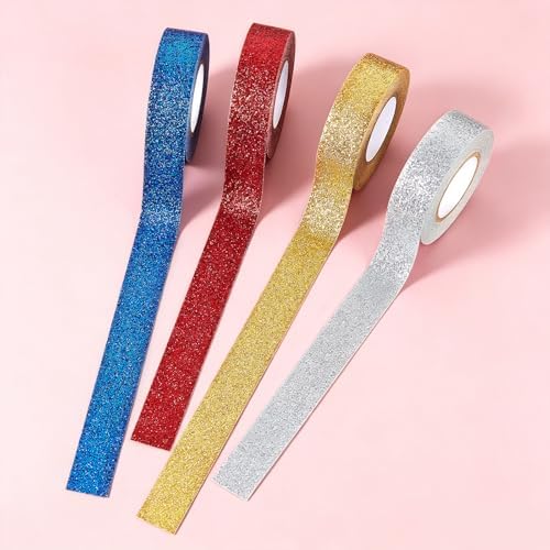 Red Glitter Washi Tape 2 Rolls, Sparkle Decorative Tape for DIY Crafts Scrapbooking Journaling, Sticky Colored Masking Tapes for Art, Wall Decor Gift Wrapping (0.6in x 11Yard)