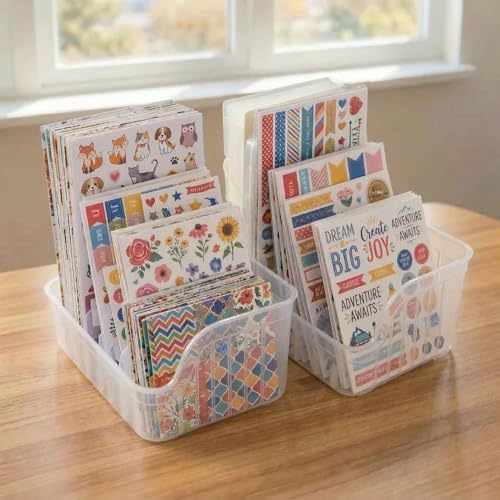 Clear Sticker Organizer Storage Box with Dividers, See All Your Stickers at a Glance, Craft Organizer for Stickers, Washi Tape & Scrapbook Supplies, Space Saving (2 Pc)