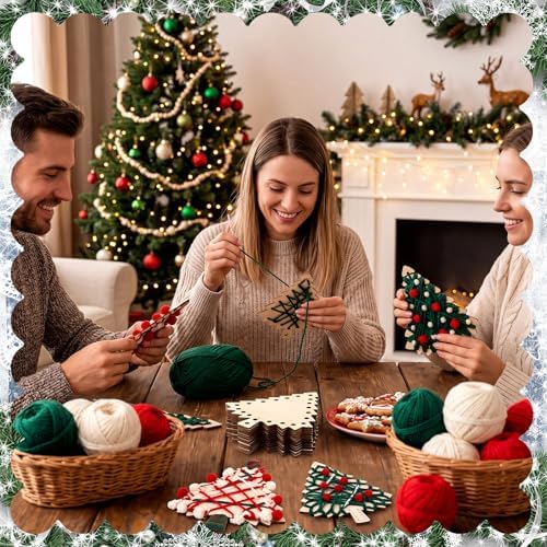 Kathfly 24 Set Christmas Wooden Craft Kit Christmas Tree String Craft Ornaments with Yarn and Plastic Weaving Tools DIY Art Hanging Decorations for Classroom Xmas Holiday Party Favor Home Activities
