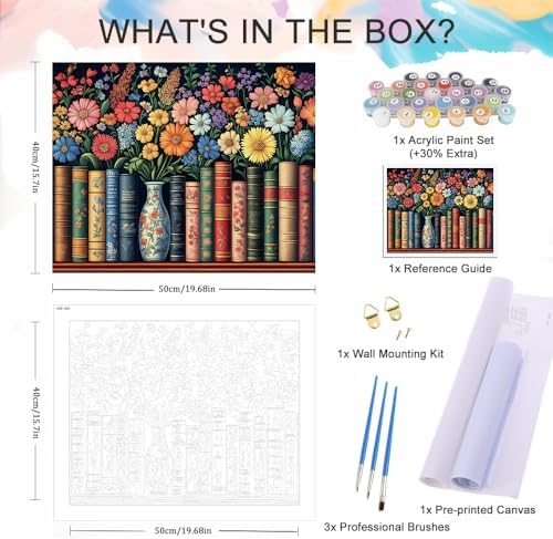 Natuyalo DIY Painting by Numbers for Adults, Books and Flowers Paint by Numbers, 16x20 Inch Adults Paint by Number Kits on Canvas, Frameless Color by Number Acrylic Art Craft Kits