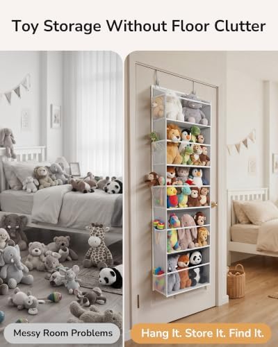 ULG Stuffed Animal Organizer Over the Door, Large Hanging Plush Toy Storage with Mesh Window, Cotton Kids Toy Organizer for Bedroom, Nursery, Playroom & Baby Items Clear Grey