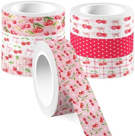 12 Rolls Cherry Washi Tape Set Pink Bow Themed Decorative Masking Tape for DIY Crafts, Scrapbooking & Gift Wrapping