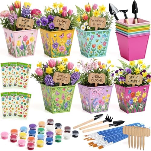 6 Sets Flower Pot Painting Kit DIY 6 Colorful Metal Iron Plant Pots Acrylic Paint Stickers Brushes Plant Labels Gardening Tool Kit for Planting Crafts Mother's Day Graduation Creative Gift