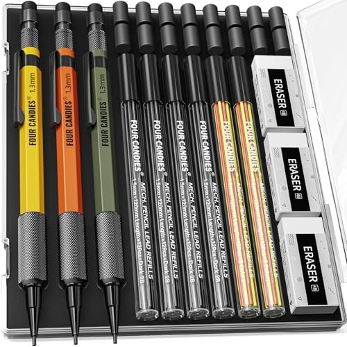 Four Candies 1.3mm Metal Mechanical Pencil Set with 72 Lead Refills, 3-Pack