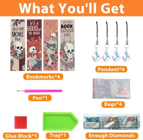 Mandun 4 Pcs Skull Diamond Painting Bookmark Kits, Special Shaped Diamond Art Bookmarks with Pendant, DIY Book Diamond Art Bookmarks with Tassels Crafts Gifts Supplies