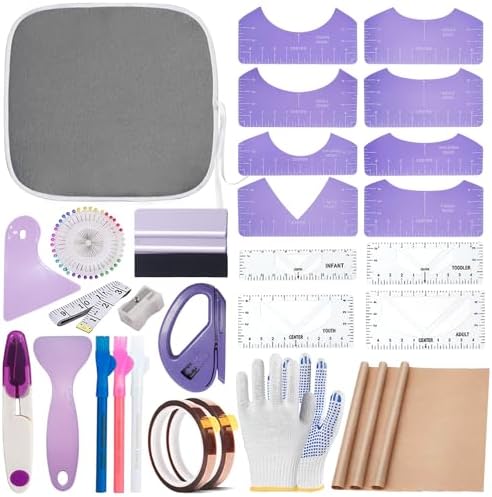 DNSGOOR Sublimation Shirts Tool Kits for Vinyl Alignment,Portable Pad for Ironing,T-Shirt Rulers Guide and Teflon Sheet for Cricut Heat Press HTV Vinyl Center Designs,Craft Sewing Accessories