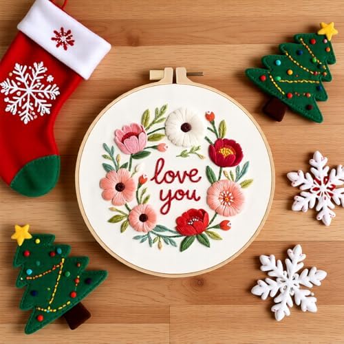 JJFox Embroidery Kit for Beginners and Adults, DIY Hand Embroidery Starter Kit with Cute Pattern, Cross Stitch Needlepoint Set with Hoop, Threads and Instructions (Love You)