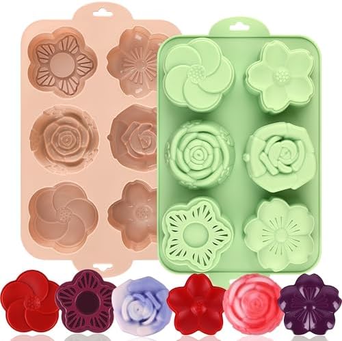 Actvty Flower Silicone Mold, 2 Pcs of 6 Cavities Different Flower Shapes Baking Molds for Make Chocolate Cake Jelly Homemade Soap Bath Bombs