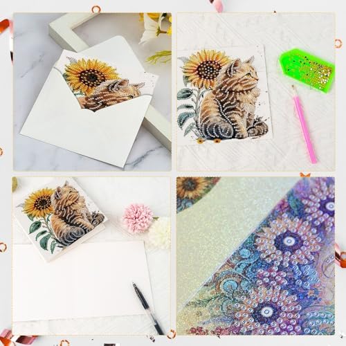 AiYuanzsh 6-Pack 5D Diamond Painting Greeting Cards with Envelopes, Cat Sunflower Pattern DIY Crystal Rhinestone Diamond Art Cards, Laser Effect Postcards for Birthday, Thank You, and Gift Giving
