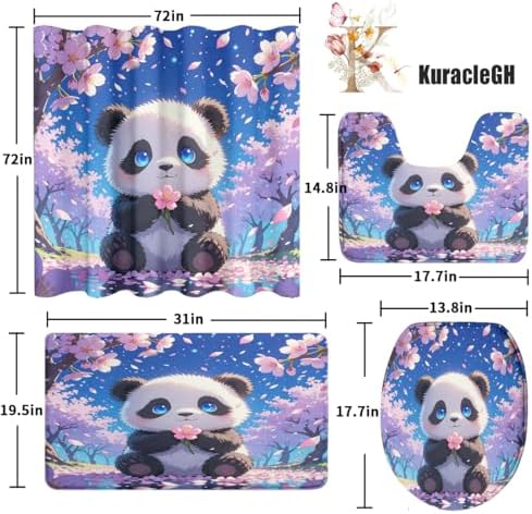 Funny Cute Baby Panda 4 Piece Shower Curtain Sets,Cartoon Anime Kawii Panda Bears Non-Slip Rugs,Toilet Lid Cover and Bath Mat,Japanese Cherry Blossoms Bathroom Decor Set