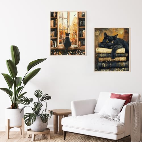 Possoco 2 Pack Paint by Numbers Kit for Adults Beginner, Black Cat Adult Paint by Number Kits on Canvas, DIY Acrylic Vintage Books Number Painting for Adults for Home Decor Gift 16x20 Inch