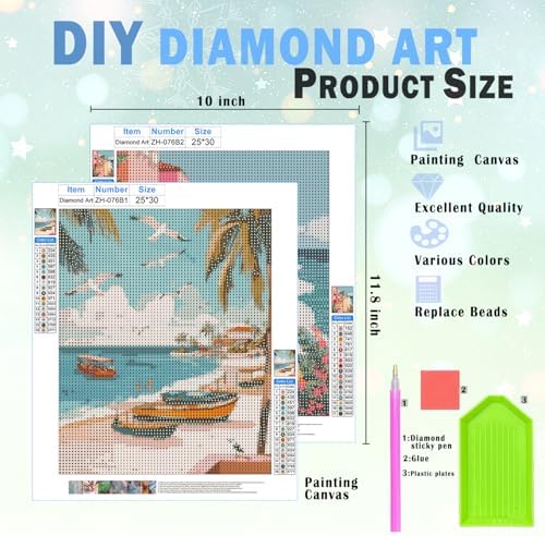 XUNLURY Retro Coastal Beach Diamond Art Kits 2 Pcs, Tropical Palm Tree Seaside Town Diamond Painting Kits for Adults Beginners, Full Drill Diamonds Dots for Home Decor, 9.8x11.8 Inch