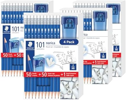 STAEDTLER Norica Pencil Set, 50 Pencils + 50 Eraser Caps + Sharpener 4 Pack