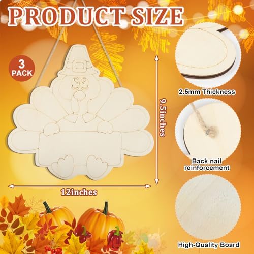 Large Size 12" Wooden Turkey Ornaments to Paint, Thanksgiving DIY Blank Unfinished Wreaths Front Door Sign Decorations Autumn Harvest Autumn Harvest Door Hanging Sign Plaquex Halloween 3PCS