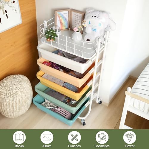 Rolling Storage Utility Cart Organizers with 5 Drawers and Metal Tabletop