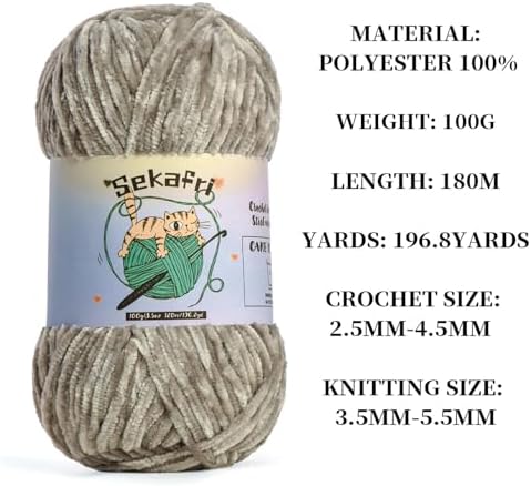 3 Pack of 300g (590yds) Fuzzy Chenille Yarn for Crocheting,Fluffy Amigurumi Crochet Yarn for DIY Craft/Hat/Clothes, Soft Velvet Baby Blanket Yarns（3 Silver Gray）