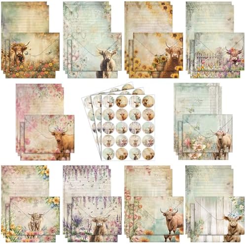 TaoBary 160 Pcs Floral Highland Cow Stationery Paper and Envelopes Set