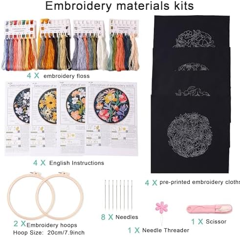 Harimau Adult Beginner Embroidery Starter Kit, Complete Set with 4 Patterns, 2 Hoops, Needles, Scissors, Instruction Guide & Stitching Video Tutorials
