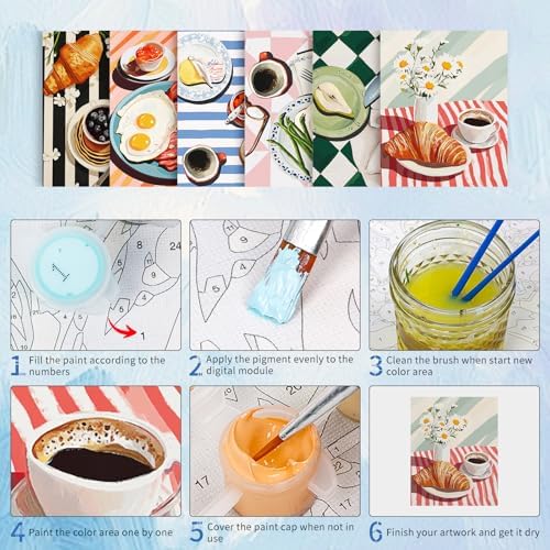 6 Pack Paint by Numbers Kit for Adults, Breakfast Painting, 8x10 Inch | DIY Adult Paint by Number Kits on Canvas for Beginners, without Frame, Kitchen Wall Decor, Stress Relief Craft Gift