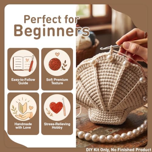 DIY Crochet Shell Purse Kit for Beginners – Handmade Yarn Bag Making Set with Two Pearl Chain Straps, 10mm Pearl Beads, Silver Hardware & Instructions – Easy Beginner Crochet Bag Craft Gift for Adults