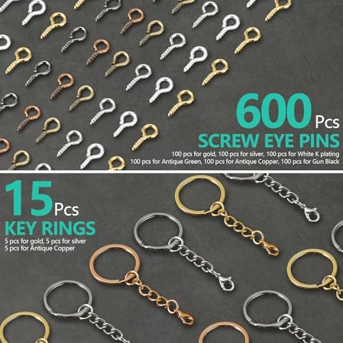 Hand Drill Set for Resin Crafts, Pin Vise Jewelry Making Kit with 10 Drill Bits, 600 Eye Screws, 15 Keychain Rings – Push Drill Tool for Epoxy, Molds, DIY Projects (Pin Vise Hand Drill Set - 1)