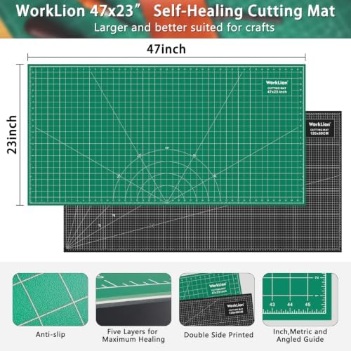 WorkLion Large self healing cutting mat: 47''x23'' Double-Sided Craft Cutting Board for Table, Slip-Resistant 5-Ply Large Cutting Mat for Sewing,Fabric & Crafts (Green/Black)
