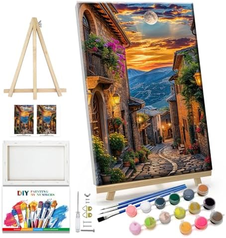 JOOZ Paint by Numbers Kit for Adults Landscape Paint by Number with Frame Town Street Paint by Number with Easel Moon Oil Painting Kits for Gift Home Wall Decor 7.87x11.81 Inch